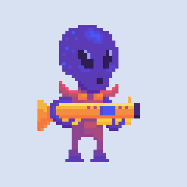 Pixel art character. A hostile alien with a weapon. Pixel art character. A hostile alien with a weapon. Vector illustration. space invaders game stock illustrations