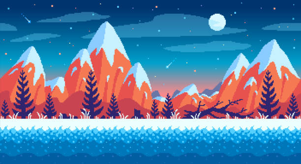 illustrazioni stock, clip art, cartoni animati e icone di tendenza di montagne innevate, abeti e un cielo stellato. posizione del gioco pixel art. - pixel art