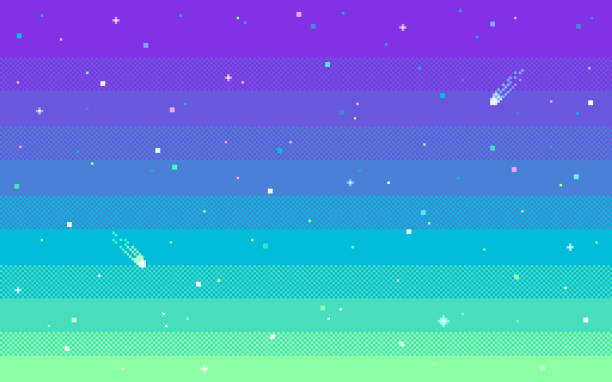 illustrazioni stock, clip art, cartoni animati e icone di tendenza di pixel art stella cielo all'ora del tramonto. - pixel art