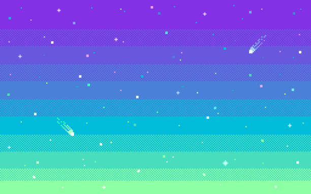 Pixel art star sky at sunset time. Pixel art star sky at sunset time. Starry evening sky seamless backdrop. Vector illustration. pixel sky background stock illustrations