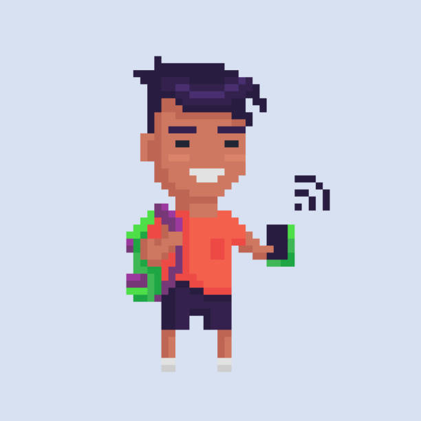 Pixel art character.Asian teen with a gadget. Pixel art character.Asian teen with a gadget. Vector illustration. number 16 stock illustrations