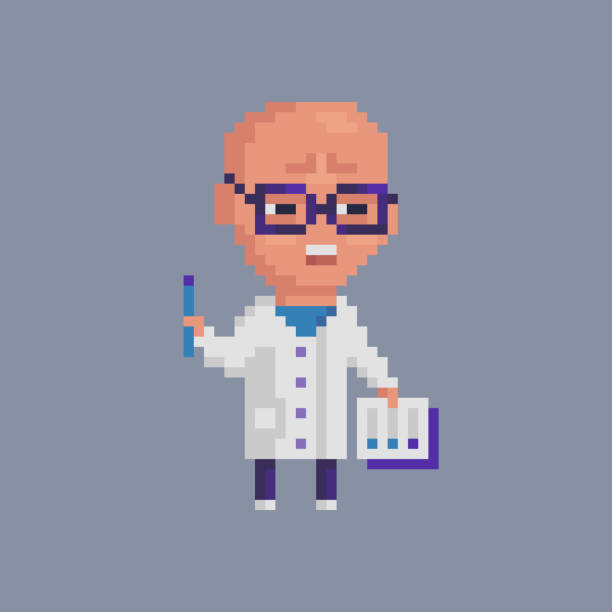 ピクセル アートの文字。科学者、眼鏡をかけた医者、白いコート。 - cartoon scientist professor mascot点のイラスト素材／クリップアート素材／マンガ素材／アイコン素材