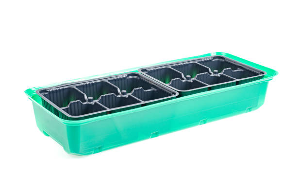 istock Black plastic cassettes for growing plant seedlings on white background. 1352123952