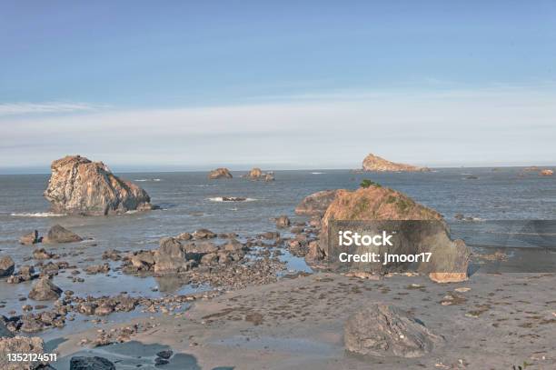 Crescent City California Shoreline Beach And Rocks With Outcroppings Stock Photo - Download Image Now