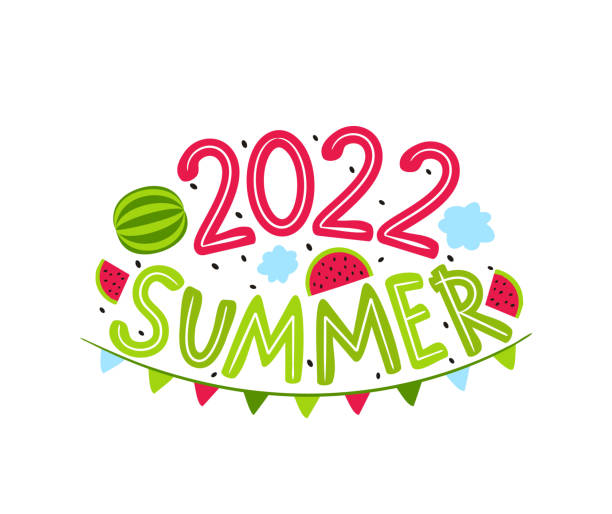 ilustraciones, imágenes clip art, dibujos animados e iconos de stock de logotipo de verano 2022 con sandías dibujadas a mano, nubes y guirnaldas. - fruit watermelon drawing doodle