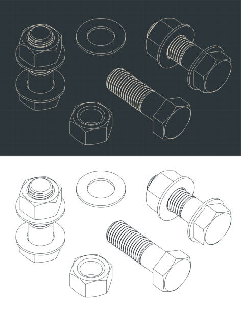 isometrische blaupausen für sechskantschrauben und muttern - nut blueprint work tool construction stock-grafiken, -clipart, -cartoons und -symbole