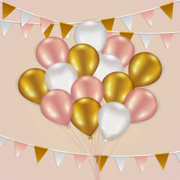 istock Delicate festive background with pink, white and gold balloons and bunting 1352129050