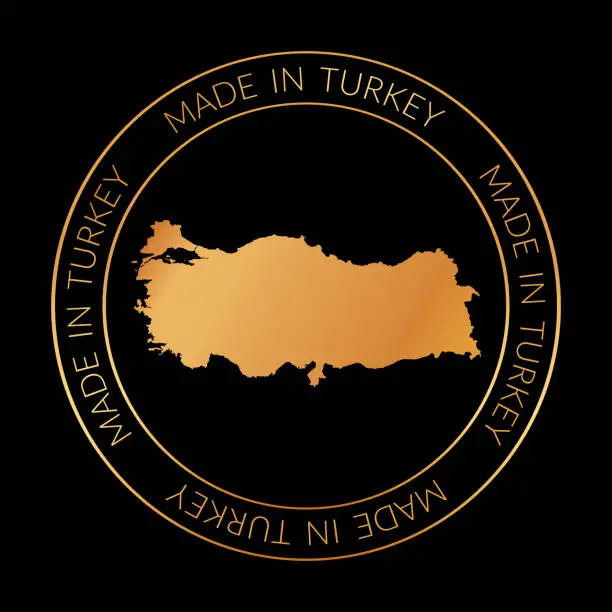 Vector illustration of MADE IN TURKEY - round vector banner with golden map of Turkey