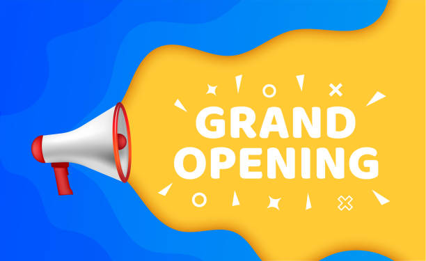 Vector Illustration Grand Opening With Megaphone. Modern Web Banner Speech Bubble, Advertising And Marketing Sticker Vector Illustration Grand Opening With Megaphone. Modern Web Banner Colourful Speech Bubble, Advertising And Marketing Sticker megaphone backgrounds stock illustrations