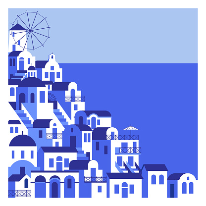 Blue-white houses on a high bank and sea background. Vector illustration in flat style for touristic industry