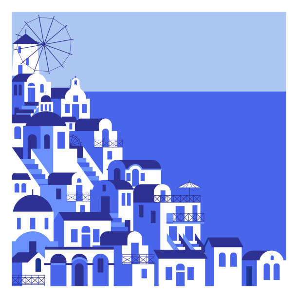 Blue-white houses on a high bank and sea background. Vector illustration in flat style for touristic industry Blue-white houses on a high bank and sea background. Vector illustration in flat style for touristic industry. greece illustrations stock illustrations