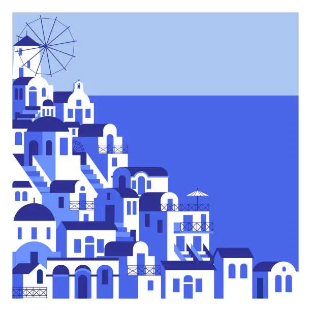 Vector illustration of Blue-white houses on a high bank and sea background. Vector illustration in flat style for touristic industry