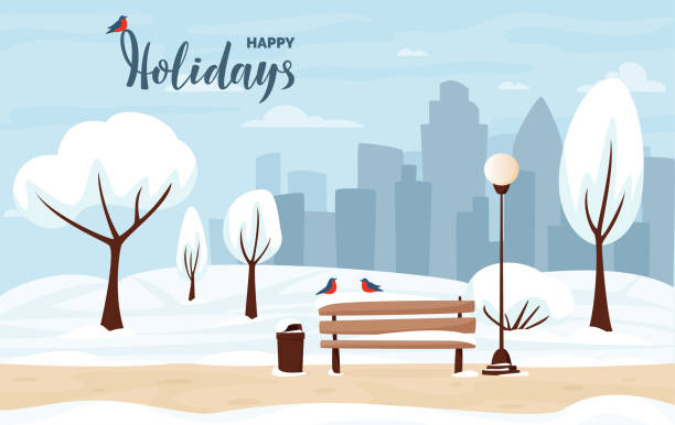 Winter city park with snow and city silhouette. Winter city park with snow and city silhouette. Bench in winter city park, winter holidays concept in flat cartoon style. City park landscape. Happy Holidays lettering. Vector illustration. park bench vector stock illustrations