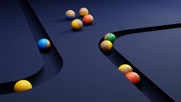 3D Render of marble balls on blue track stock photo