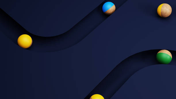 3D Render of marble balls with various colors and wood on blue track