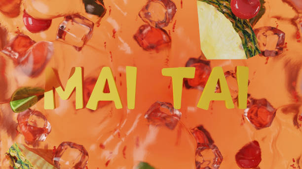 3D render of Mai Tai text and cocktail ingredients stock photo
