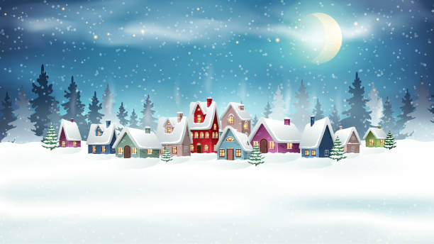 illustrations, cliparts, dessins animés et icônes de paysage de village d’hiver - paysage noel