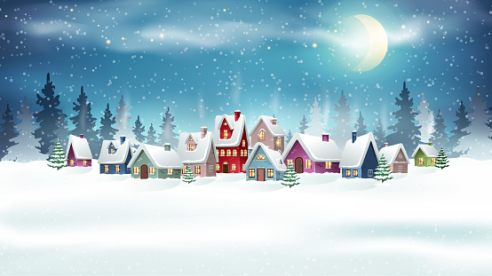 Evening winter village landscape with snow covered house. Christmas holidays vector illustration