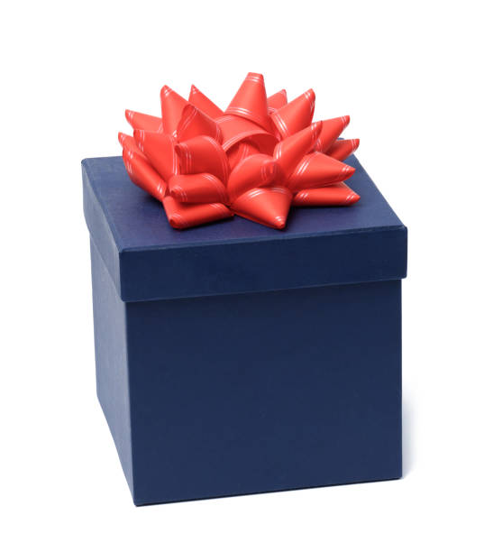 istock blue gift cardboard box and red bow on top on white background. Gift and surprise 1352136300