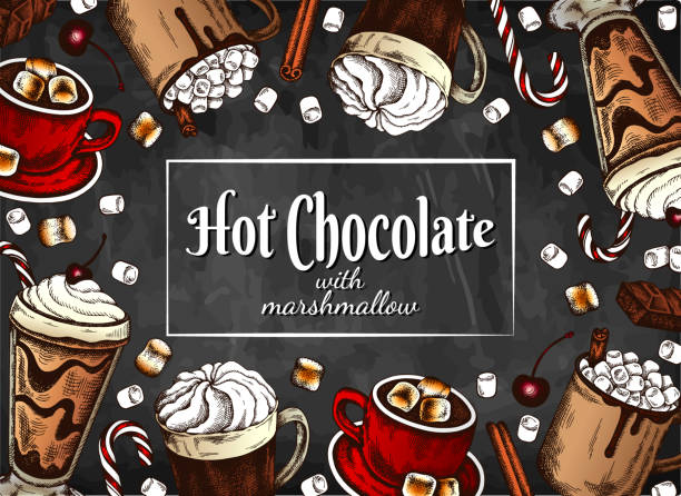 szablon rysunku kredowego kolorowej gorącej czekolady i pianki marshmallow izolowany na tablicy. - marshmallow roasted stick candy stock illustrations