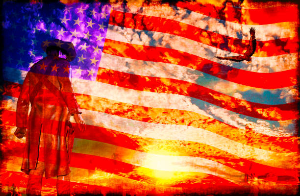 istock Cowboy at sunset with an eagle and American flag background 1352137932