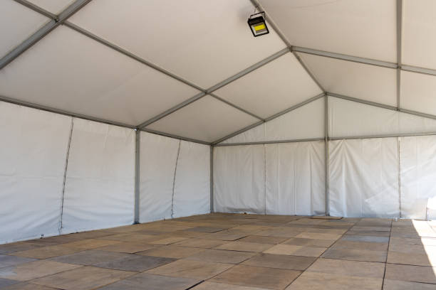 Large white wedding or entertainment event tent interior view
