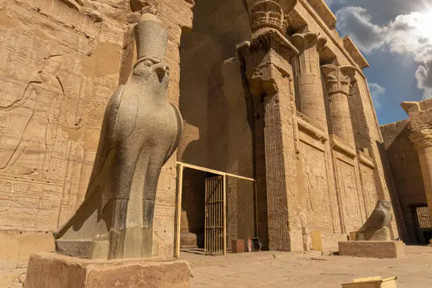Ancient horus statue and reliefs of Edfu temple in Edfu. Egypt
