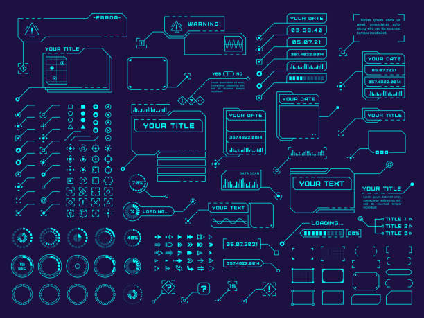 Hud elements. Futuristic technology element, hi tech design. Ui interface digital button, arrows and callout frames tidy vector collection Hud elements. Futuristic technology element, hi tech design. Ui interface digital button, arrows and callout frames tidy vector collection. Illustration of digital technology, hud futuristic hud graphical user interface stock illustrations