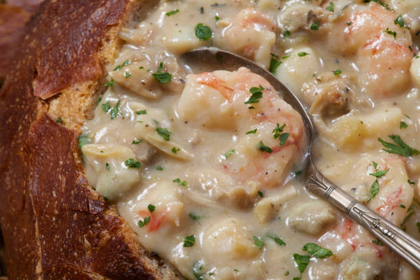istock New England Style Seafood Chowder in a Sourdough Bread Bowl 1352144445