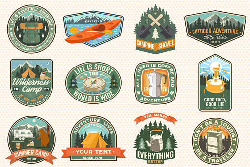 Summer camp with design elements. Vector illustration. Camping and outdoor adventure emblems. Typography design with retro camping tea kettle, compass, kayak, camping tent, mug and forest silhouette