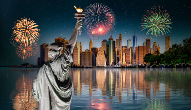 Statue of Liberty, American flag and New York skyline
