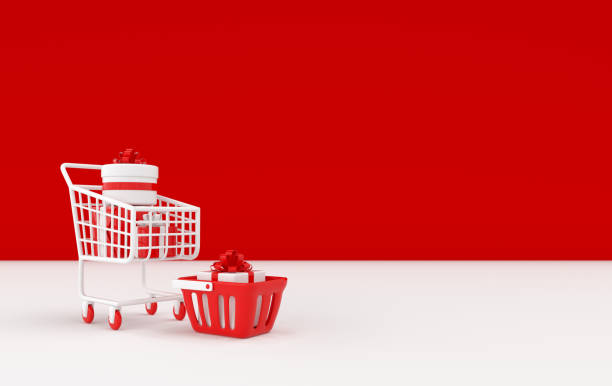 istock Shopping cart and basket with presen box.  3d render 1352147350