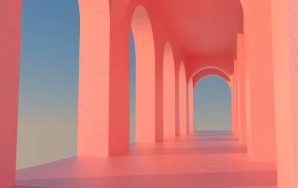 istock 3d rendering. Arch hallway pink geometric background, architectural corridor, arch columns, empty wall. ancient housing Banner for travel presentations 1352147379