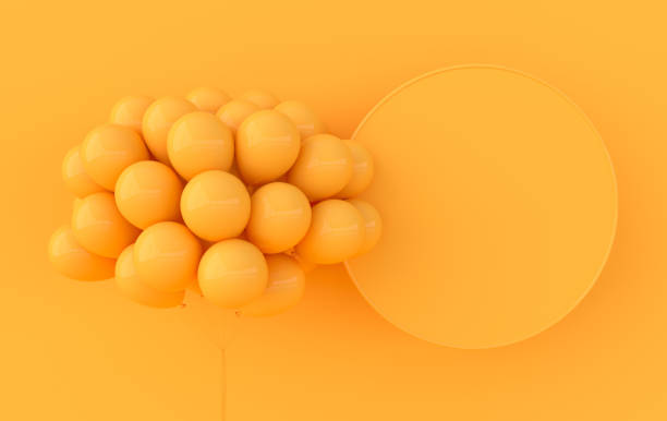 istock 3d render illustration of realistic balloons and frame for text, yellow background. Empty space for party, promotion social media banners, posters. 1352147488