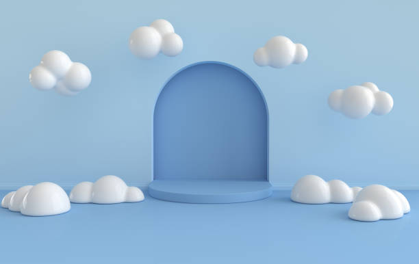 istock Wall scene with arch, podium, clouds. 3D rendering interior. Platform for product presentation, mock up background. 1352147499