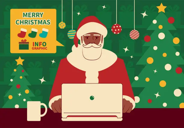 Vector illustration of Happy Santa Claus using a laptop