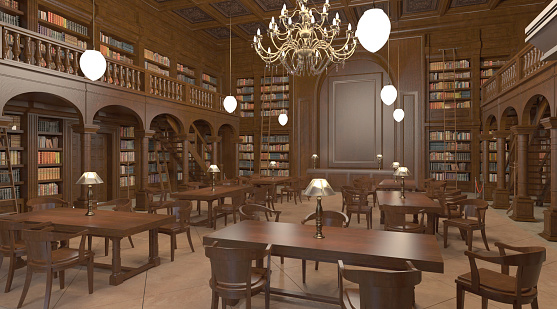 3D illustration victorian library room interior