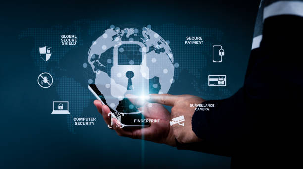 istock Concept of cyber security data storage with businessman point and touch screen with cloud service icons. Exposure on both sides 1352149673