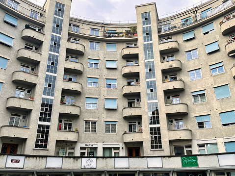 Geneva, Switzerland - September 15 2021: a classic architectural building in pre bauhaus style with apartments made of concrete on the rue charles-giron