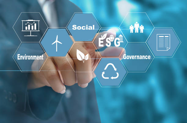 sustainable business concept (environmental, social, governance: esg).hand touching icon business virtual on screen. - esg stockfoto's en -beelden