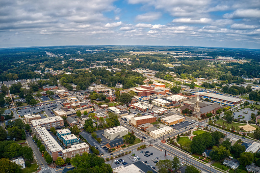 Aerial view of Fayetteville Arkansas town square.
