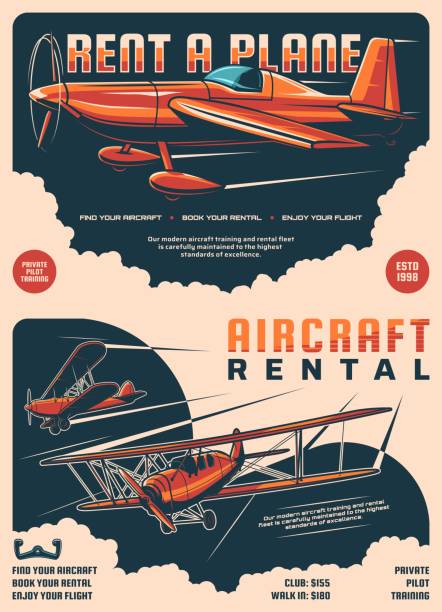 Airplane rental service retro posters, air plane Airplane rental service retro posters, air plane travel tours and private jets, vector. Vintage propeller airplane rental, aviation adventure and aviators club training, aircraft flight booking poster charter stock illustrations