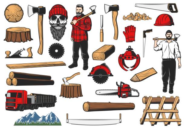 holzfällerwerkzeuge, ausrüstung für die holzindustrie - lumberjack lumber industry forester axe stock-grafiken, -clipart, -cartoons und -symbole