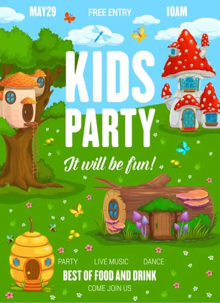 Vector illustration of Kids party flyer, fairy fantasy house and dwelling