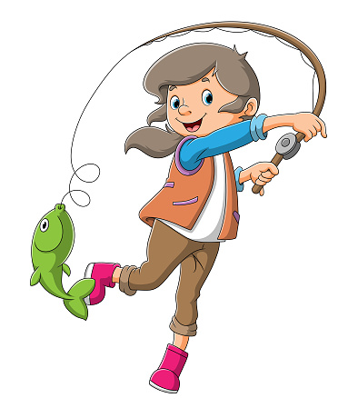 The young girl is fishing and catching the fish of illustration