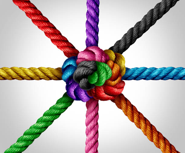 Diverse Group Trust Diverse group trust concept and connected symbol as different diversity ropes tied and linked together as an unbreakable chain as a faith metaphor for dependence and reliance on trusted partners for support and strength. social justice concept stock pictures, royalty-free photos & images