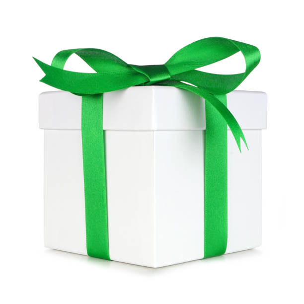 istock White gift box wrapped with green bow and ribbon isolated on white 1352157750