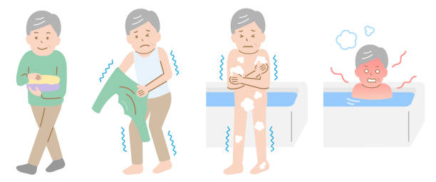 illustrations, cliparts, dessins animés et icônes de choc thermique dans la salle de bain homme âgé. concept de soins de santé - soaking tub