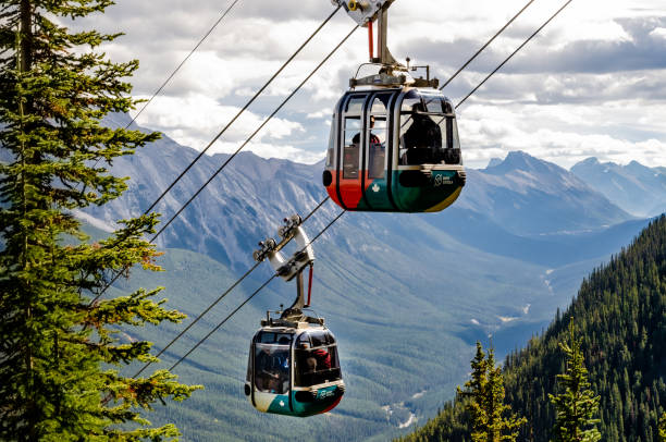 Sulphur Mountain Gondola Banff, Alberta, Canada, September 25, 2021: Sulphur Mountain Gondola cable car in Banff National Park in Canadian Rocky Mountains aerial tramway stock pictures, royalty-free photos & images