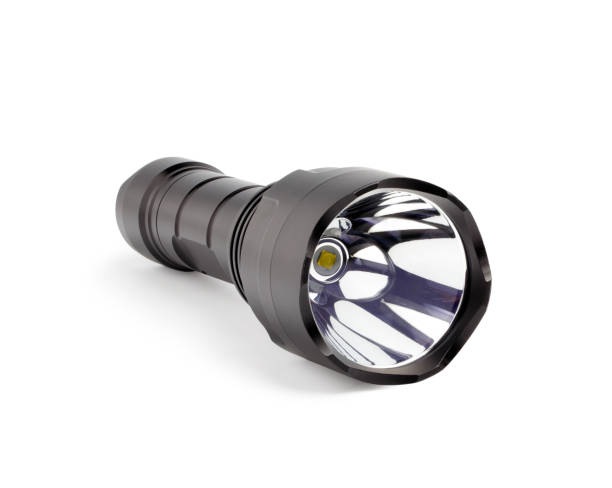 istock High-powered flashlight body made of aluminum  isolated on white background. 1352167847